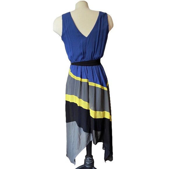 Max and Cleo Sheer Asymmetrical Dress Sz 4 (Small) Striped Blue, Yellow, & Gray - Picture 11 of 15